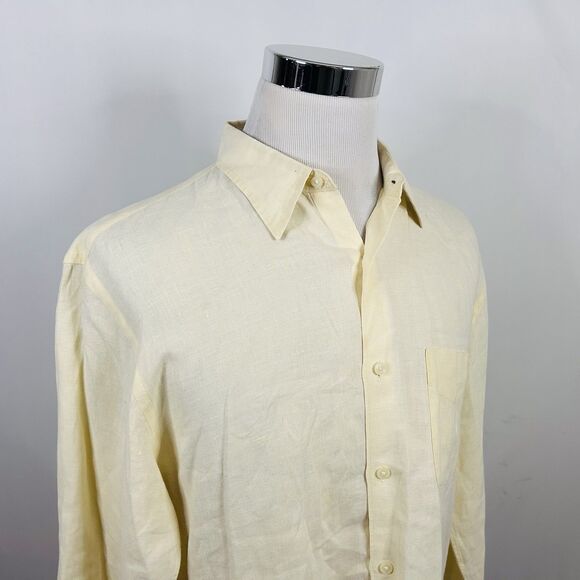 J Crew Large Tailored Fit 100% Irish Linen Shirt Yellow Casual Button Front - Picture 1 of 5